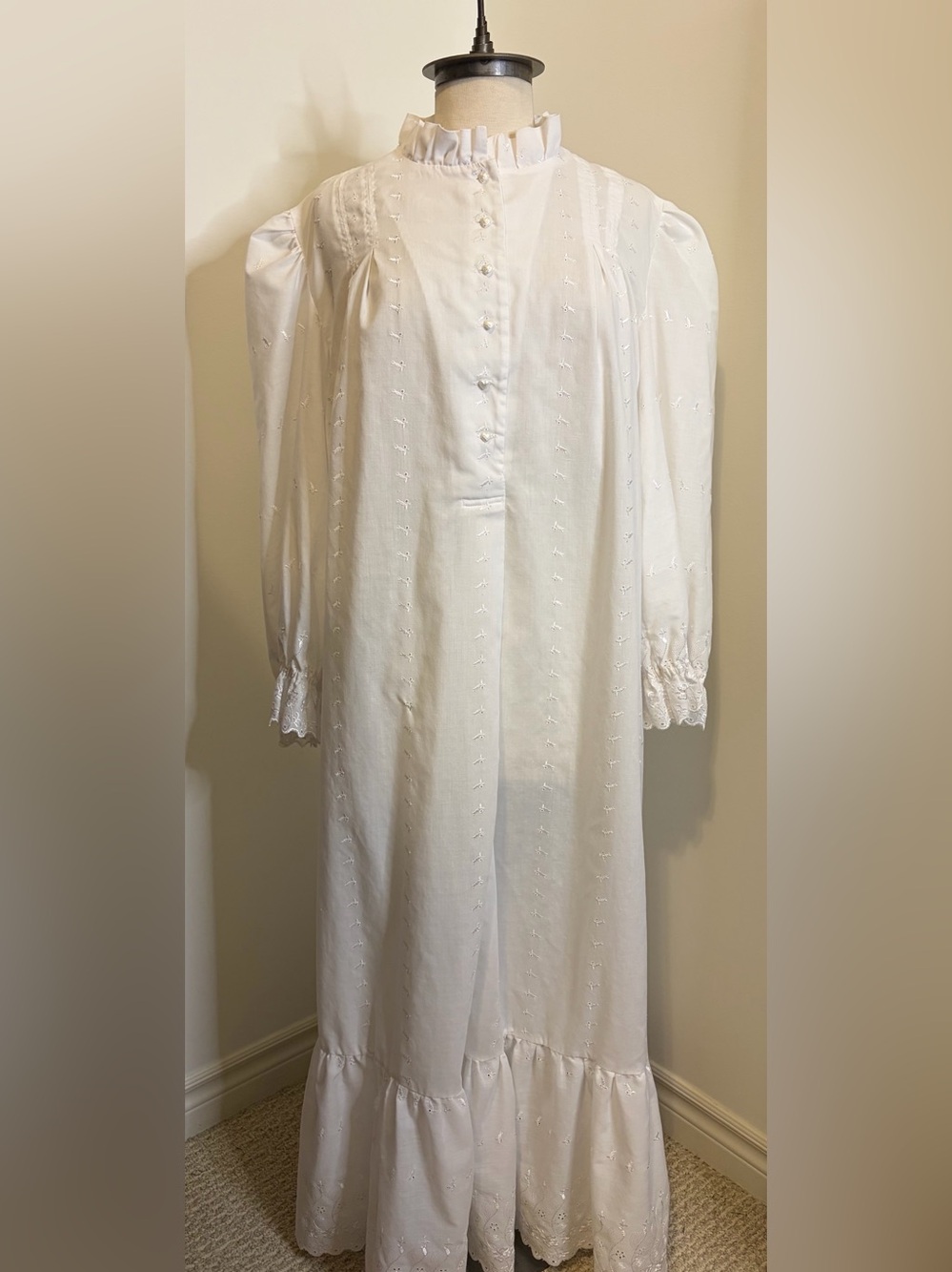 Vintage Edwardian Style White Cotton Long Nightgown Ruffle High Neck